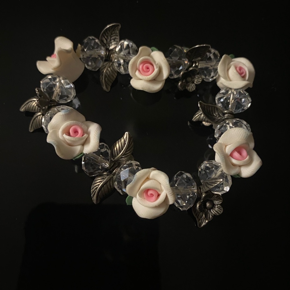 S O L D Floral White Roses Charm Bracelet with Crystal and Silver Accents